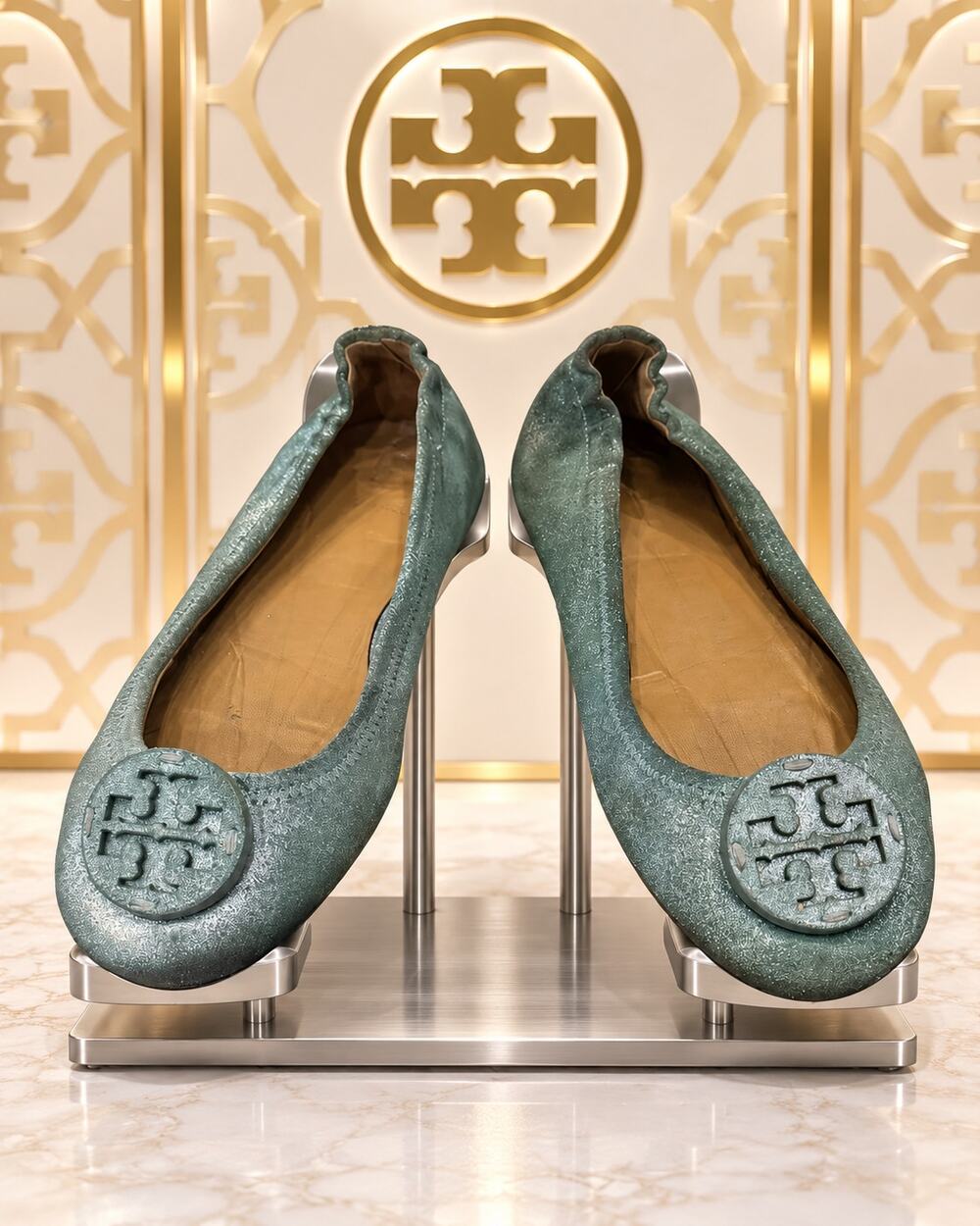 Tory Burch Reva Green Metallic Leather Logo Ballet Flats Size 8